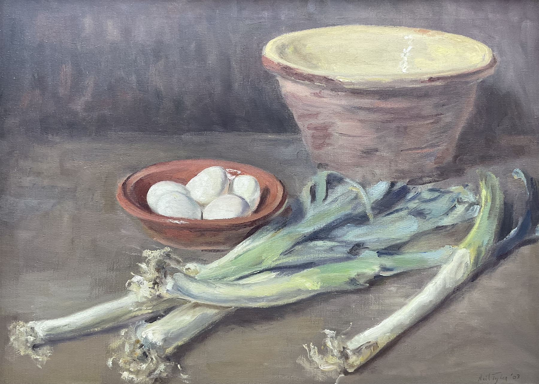 Neil Tyler (British 1945-): Still Life 'Leeks and Eggs', oil on canvas signed and dated '03, 46cm x 64cm
Provenance: exh. Chelsea Art Society, label verso
