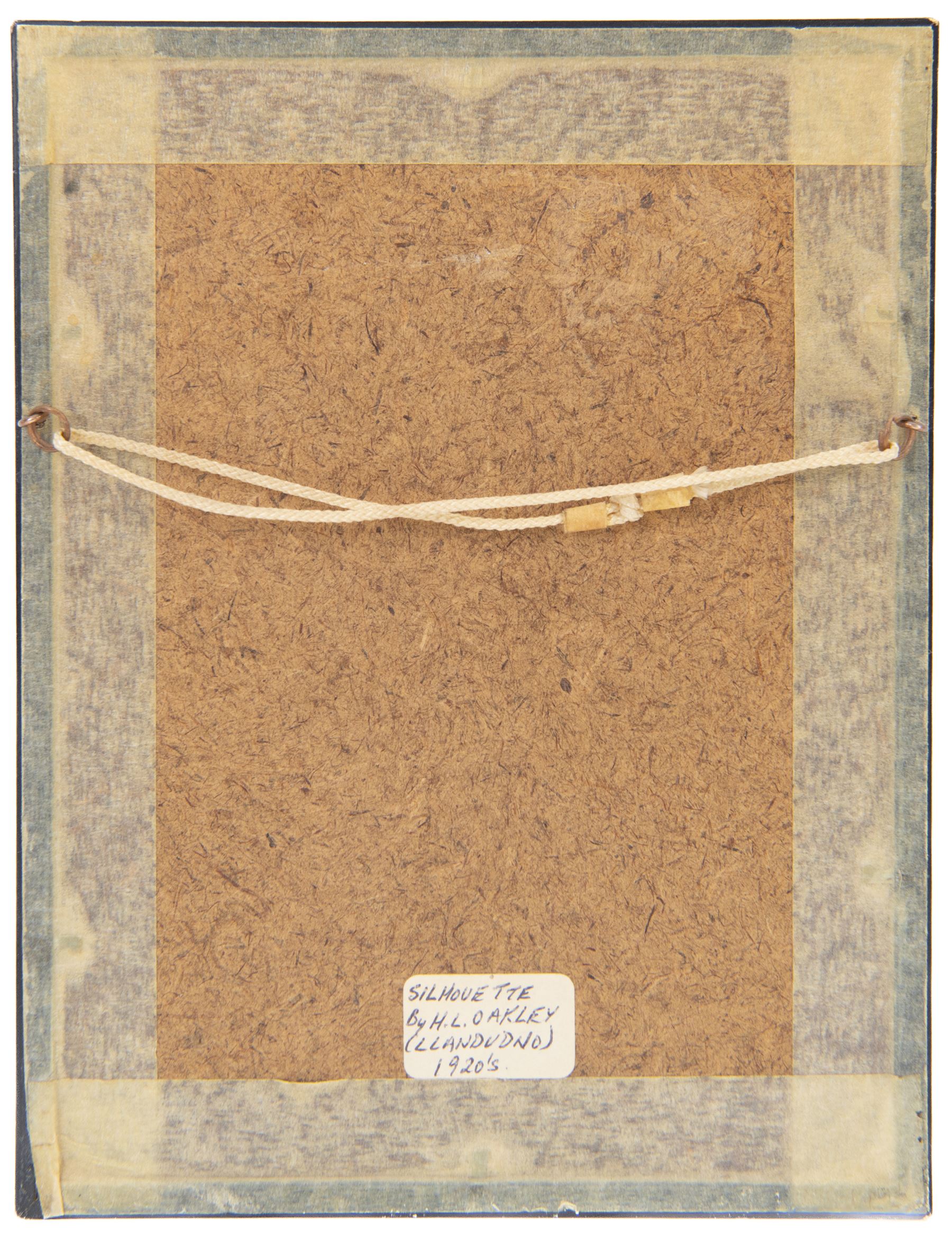 Capt. Harry Lawrence Oakley (British 1882-1960): Mother Father and Two Children, set of four family watercolour silhouettes highlighted in gold pen and pencil signed 11cm x 6cm (4)
Notes: Oakley born in Poppleton York, the son of a chemist who opened shops on Coney Street and Fulford Road. He showed talent for drawing and silhouette cutting from an early age and went on to study art at York School of Science and Art, Leeds School of Art and then the Royal College of Art in London where he was awarded the ARCA diploma in 1908.
He designed the 'Think' poster in collaboration with the North Eastern Railway company in York which then became an official war poster and was used throughout Britain, Australia and Canada. Oakley’s figure of the advancing soldier became an iconic image and was adapted and used in many forms. This success led to further commissions, including the “Remember” poster which was used to recruit men for the Royal Navy.
Oakley served in the Green Howards during the the First War. Each year, between 1920 and 1958, holidaymakers walking along the pier at Llandudno North Wales, could have stopped at a booth to have their silhouette portrait painted or cut by Mr H. L. Oakley, otherwise known as the 'Man with the Magic Scissors'.  