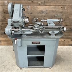 Myford Super 7 metal turning lathe with extensive collection of attachments, chucks, collets, bits; and precision metal saw