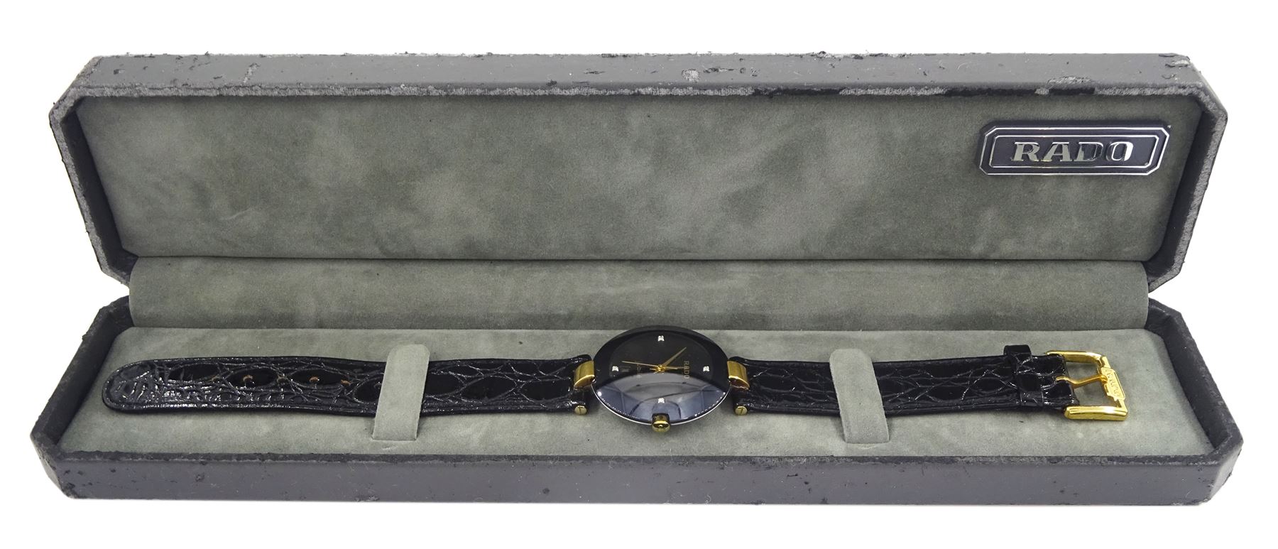 Rado Diastar ceramic wristwatch, Ref. 129.0301.3, on ceramic bracelet, boxed and a Rado Jubilé wristwatch, Ref. 129.3577.4N, diamond set dial, on original black leather strap with buckle, boxed with papers and guarantee dated 1990
