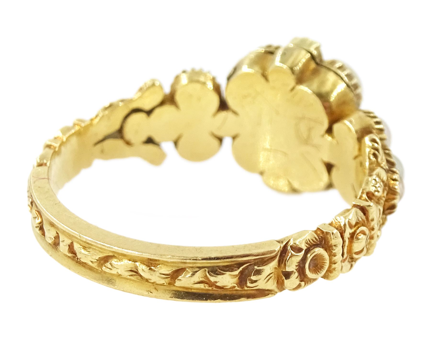 19th / early 20th century 18ct gold emerald and pearl flower head cluster ring, with pearl set shoulders and engraved foliate shank