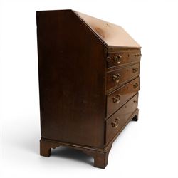 George III mahogany bureau of large proportions, the fall-front enclosing fitted interior with fluted column secret compartments and assorted pigeonholes and correspondence drawers flanking central cupboard, over four graduating cock-beaded drawers with original brass swan-neck handles, raised on bracket feet