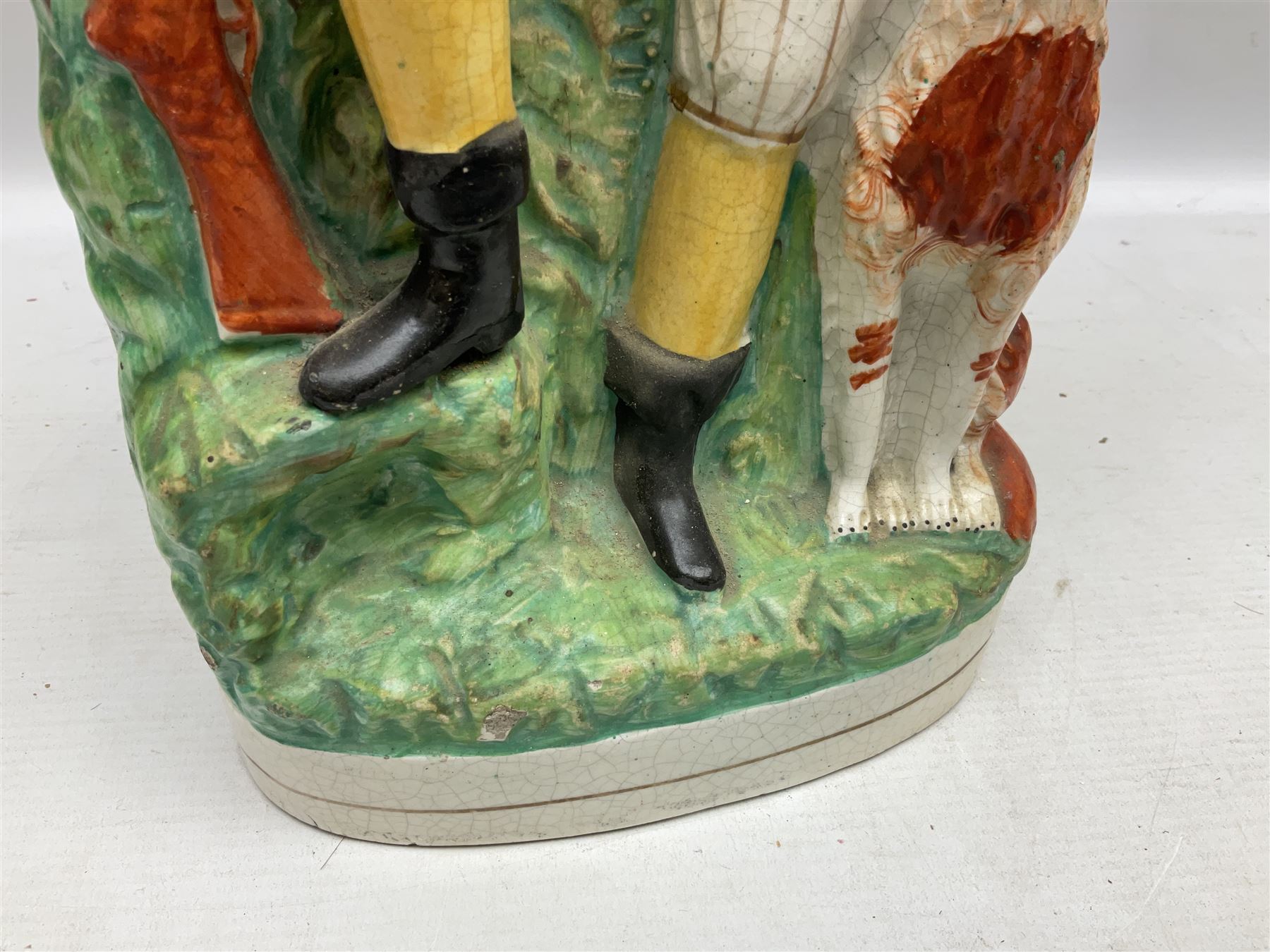 Group of Victorian and later Staffordshire style figures, to include two dogs, Prince upon horse back, horse with pink lustre patches, tall figure of a man beside his dog etc, tallest H41cm