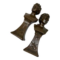 Cast metal figure depicting man in classical dress playing a flute, signed to base Par Lalouette, together with a pair of busts, depicting Beethoven and Mozart, tallest H22cm