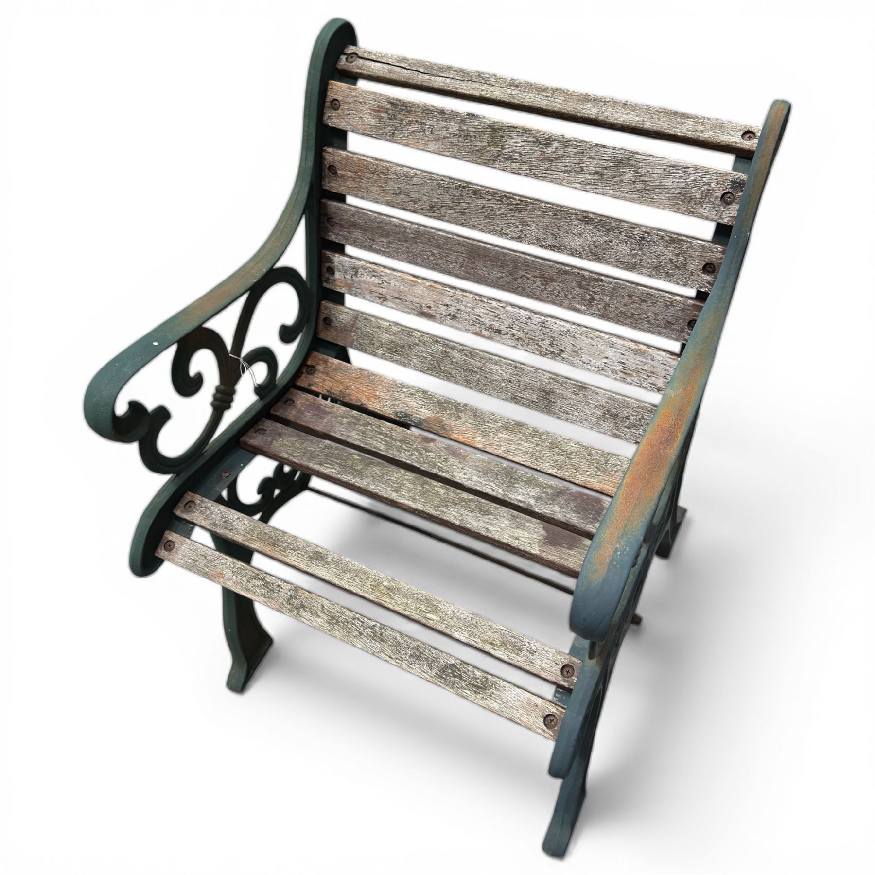 Pair of cast iron and wooden slatted chairs