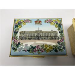 Two Halcyon Days enamel boxes, both of rectangular form, the first depicting Buckingham Palace, 'To Celebrate the Golden Jubilee of Her Majesty Queen Elizabeth', the second depicting the marriage of The Queen and Prince Philip, in celebration of their Diamond Wedding Anniversary, H4cm, W8.5cm, both boxed