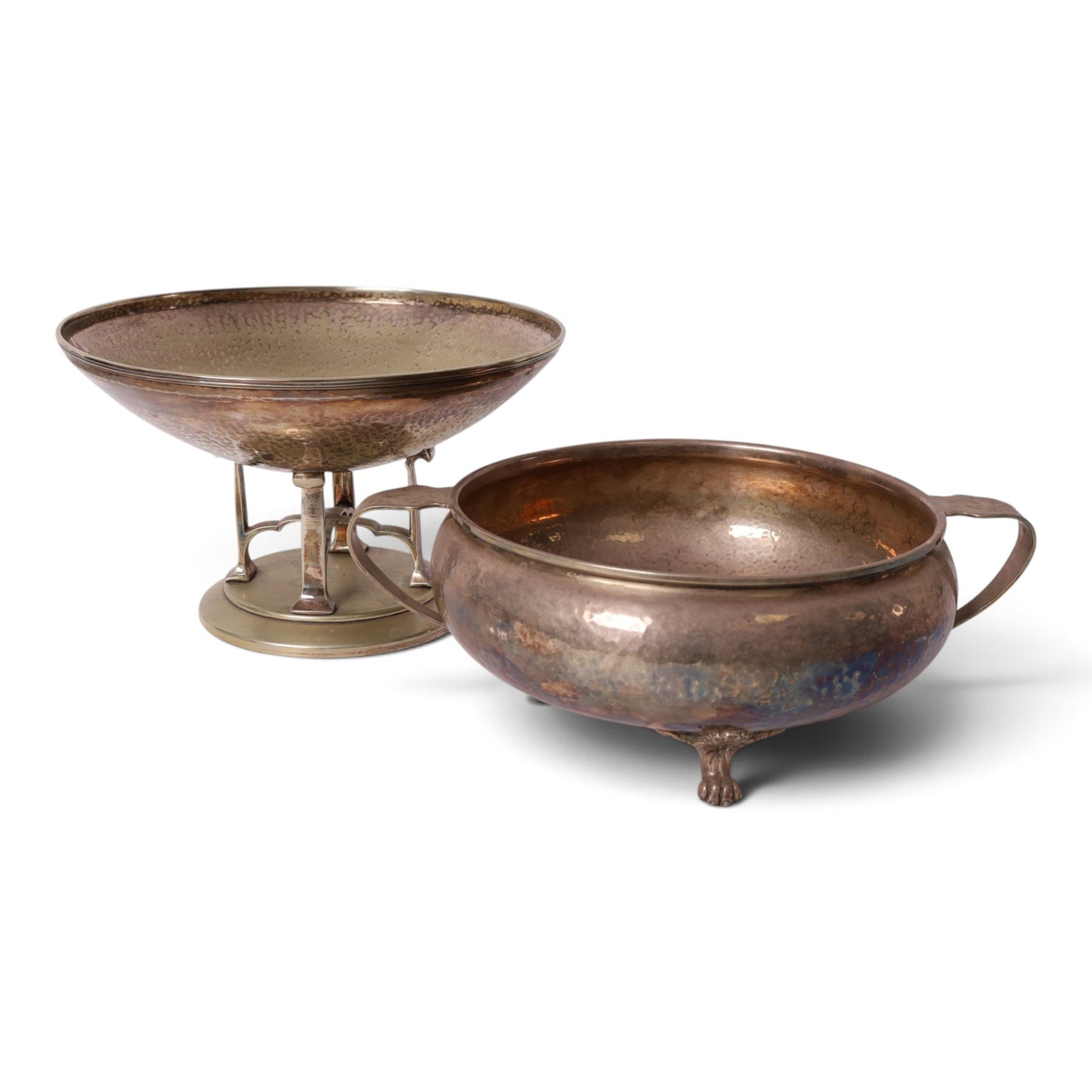 Arts & Crafts silver plated pedestal bowl with hammered decoration by JBC & S Co, together with pair of candlesticks, twin handled dish and other silver plate 