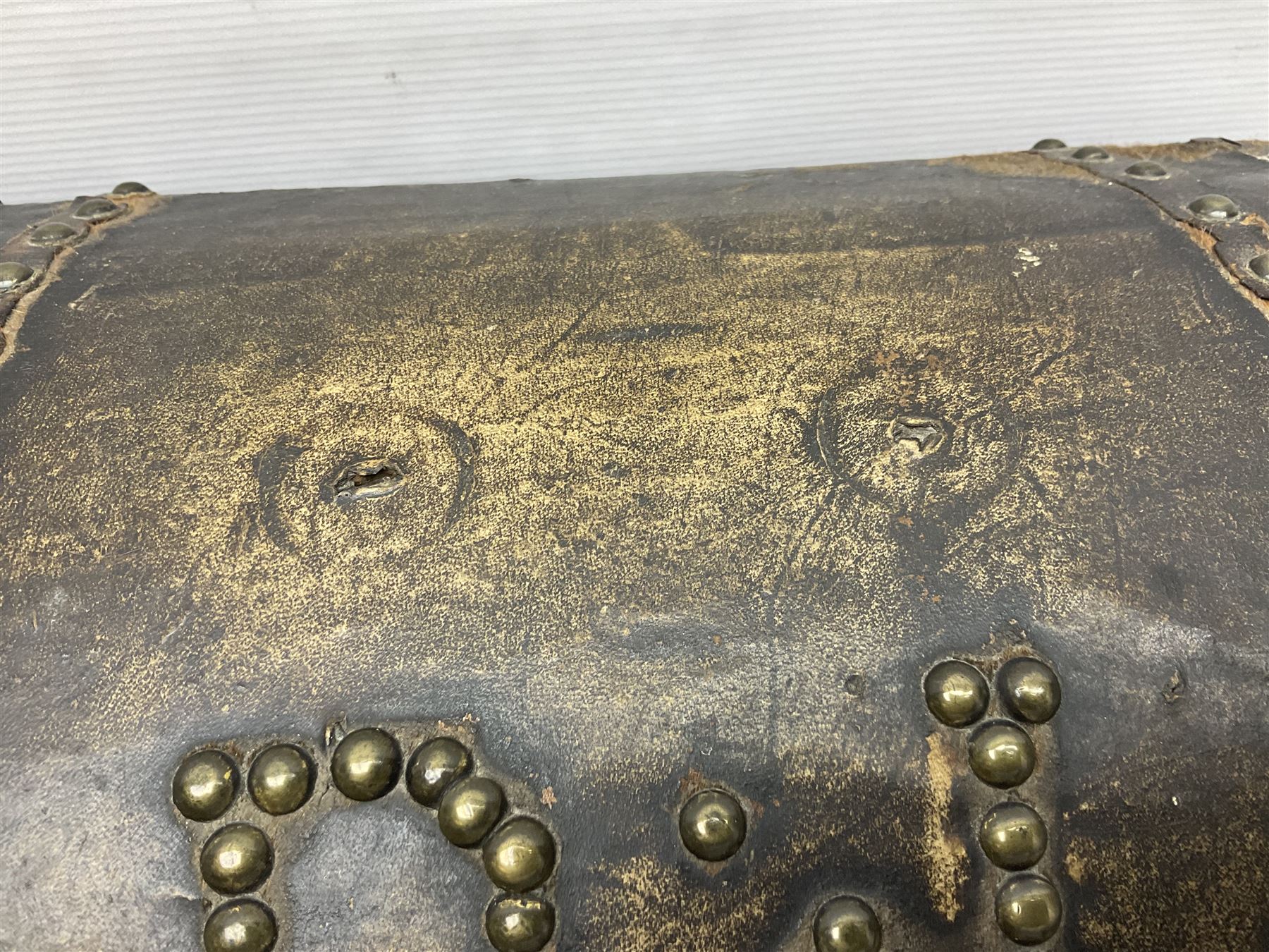 19th century pony skin dome top trunk with metal studded detail, the inside paper label inscribed 'Arabella Brown Trunk, Cheft, Box Maker & Undertaker', H25cm, L46cm 