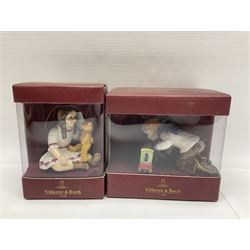 Two Royal Copenhagen figures, comprising Julie and Girl with Saw, together with Beswick Hunca Munca Sweeping, and two Villeroy & Boch christmas decorations, all with original boxes   