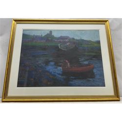 John Mackie (Scottish 1953-): Fishing Boat on the Edge of the Shore - 'Crail Fife', pastel signed and dated '90, titled verso 50cm x 68cm