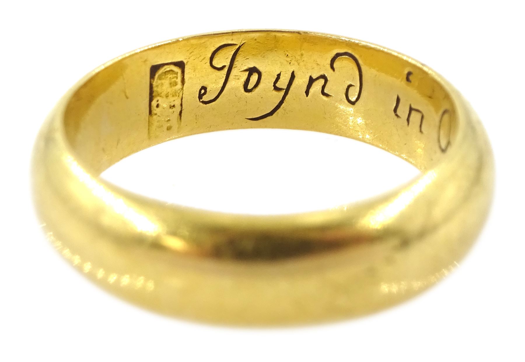 17th / 18th century 20ct gold posy ring, inscribed within 'Joynd in One by Christ alone', crown hallmark, with paperwork