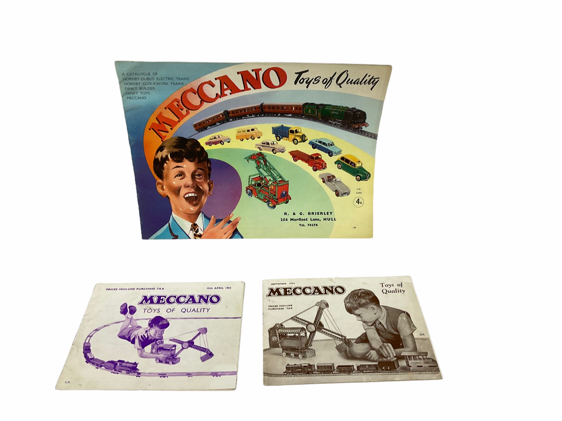 Meccano - toy shop point-of-sale cardboard advertising sign with easel back, depicting a boy finishing a large Eiffel Tower H37cm; nine catalogues 1938/9, 1939/40, 1952, 1953, three x 1956, 1958 and HRCA 1994 copy of 1939/40, bearing various toy shop addresses to front covers, some with price lists; and seven price lists 1949 - 1966.