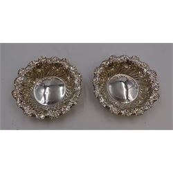 Pair of Victorian silver bon bon dishes, each of circular form, with shaped rim and repousse scroll decoration, hallmarked Fenton Brothers Ltd, Sheffield 1897, in tooled leather velvet and silk lined fitted case