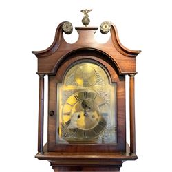 Mahogany - longcase clock with an eight day movement and brass dial, with a swans necked pediment and ball and eagle finial, break arch hood door, trunk with canted corners and along door, on a rectangular plinth with moulding , raised on bracket feet, brass dial with spandrels, chapter ring, seconds dial and steel hands, dial pinned via a false plate to a rack striking movement. With pendulum Key and weights. 
