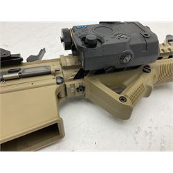 Combat Machine lithium battery powered airsoft BB rifle, 'Complete AEG Series' to fire 5mm pellets, with adjustable length stock L69cm non-extended; with six magazines, Trijicon ACOG red dot telescopic sight, battery charger etc (NO BATTERIES)