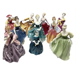 Nine Royal Doulton figures, to include Royal Doulton Melanie HN2271, Fair Lady HN2193, Kirstie HN2381, Fleur HN 2369 etc together with Royal Worcester figure first dance 