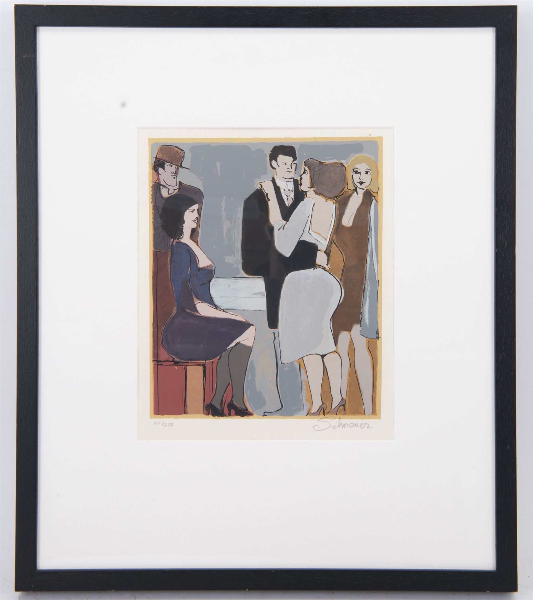 David Schneuer (Austro Hungarian 1905-1988): Figures at a Party, limited edition serigraph signed and numbered 51/250 in pencil 33cm x 28cm
Notes: Schneuer who emigrated to Israel, was well known for his paintings and serigraph prints of cafe scenes and depictions of the German and Parisian social scene in the 1920's. His expressionistic style is evident as he creates scenes filled with a party-like atmosphere, constantly exploring sex and eroticism