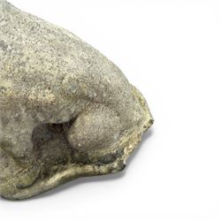 Pair of cast stone garden British bulldogs, on shaped plinths