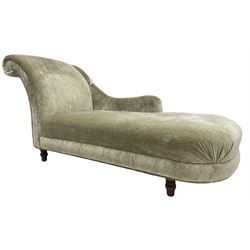 Contemporary chaise longue with scrolled back, upholstered in champagne crushed velvet, on turned feet