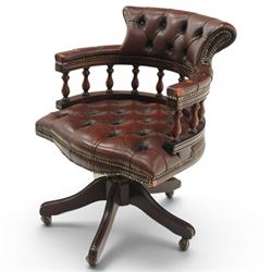 Georgian design captains swivel desk chair, rolled cresting rail over open spindle back on...