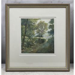 Norma Lindsay (Northern British 20th Century): Whitby Woodland Scenes, three watercolours signed max 33cm x 23cm; Sue Morton (British 20th Century): 'Featherbed Lane - Aislaby', watercolour signed, titled verso 20cm x 19cm (4)