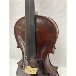 German trade violin in the Steiner style c1900 with 35.5cm two-piece maple back and ribs and spruce top L59cm overall; in fitted carrying case with two bows; and a Saxony violin with 35.5cm one-piece maple back and ribs and spruce top L58.5cm overall (2)