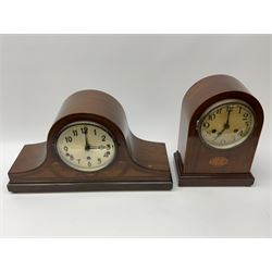 Edwardian inlaid mahogany arch top mantel clock H30cm, along with a inlaid hat top mantel clock H30cm