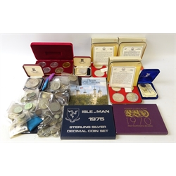  Collection of Great British, World coins and silver proof sets including over 450 grams of pre 1947 silver coinage, three 1976 Montreal Olympics silver proof coin sets each in a presentation case, Pobjoy Mint sterling silver 1975 Senegal fifty francs and one hundred and fifty francs, Isle of Man silver proof one pound, Isle of Man 1975 sterling silver decimal coin set, coinage of Great Britain 1970 year set, sterling silver 'Millennium Crowns 1000th Anniversary of Tynwald, 1979' five coin cased set, commemorative crowns, pre-decimal coinage, four Spanish 1966 100 Ptas coins, Great Britain 2006 five pound coin etc, in one box  