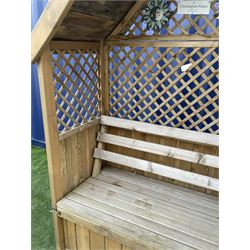 Pine garden seat with canopy top, hinged seat enclosing storage  - THIS LOT IS TO BE COLLECTED BY APPOINTMENT FROM DUGGLEBY STORAGE, GREAT HILL, EASTFIELD, SCARBOROUGH, YO11 3TX
