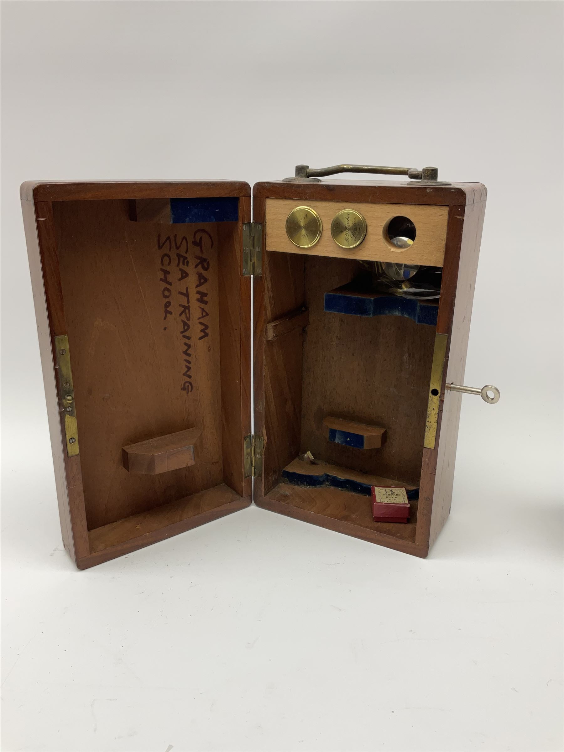 19th century lacquered brass monocular microscope by Moritz Pillischer No.1795 in fitted mahogany box with carrying handle and two additional lenses 