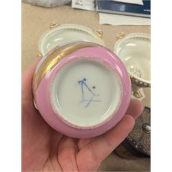 Two Royal Crown Derby pot pourri, Dresden teacup and saucer, three blue glass dressing table items, etc 