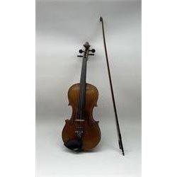 German Saxony violin c1900 with 35.5cm two-piece medium grain maple back and ribs and medium grain spruce top; bears label 'Jacobus Stainer in Absam prope Oenipontum 17xx Made in Germany', 59.5cm overall; with modern bow (2)