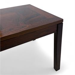 Heggen, Norway - 1970s parquetry veneered rosewood coffee table, the top with 'patchwork' parquetry design, raised on square-section supports