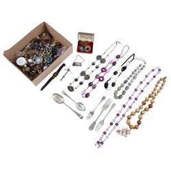 Collection of costume jewellery, included beaded necklaces and brooches, silver plated cut...