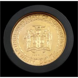 Jamaica 1972 gold proof twenty dollars coin, commemorating the tenth Anniversary of Independence 1962-1972, in plastic display