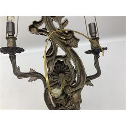 Cast metal wall sconce with three curved foliate branches, detailed with putto, H68cm