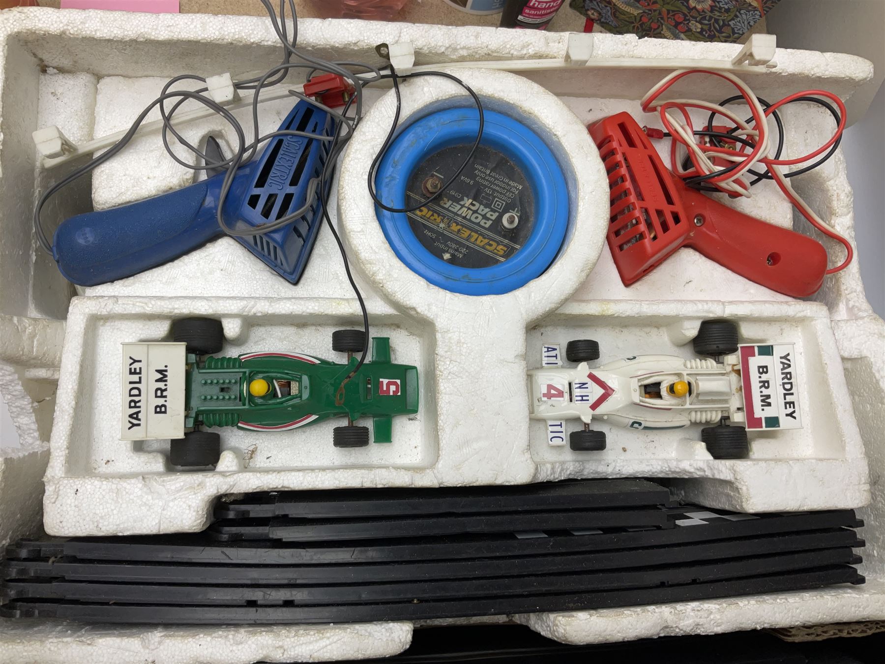 Scalextric - Porsche Power Set; boxed; Subaru Competition Rally Set (track and controllers only); boxed; Formula 1 Racing Car Set; polystyrene box base only; together with large quantity of track in four boxes; and quantity of accessories including vehicles, part vehicles for spares or repair, fencing, bridge, spare controllers etc