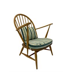 Ercol - beech low easy armchair, with upholstered loose cushions in striped fabric 