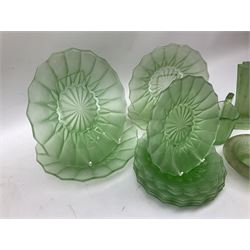 Collection of uranium, carnival and green glass, to include vase upon a stepped base, set of plates in various sizes, milk jug etc