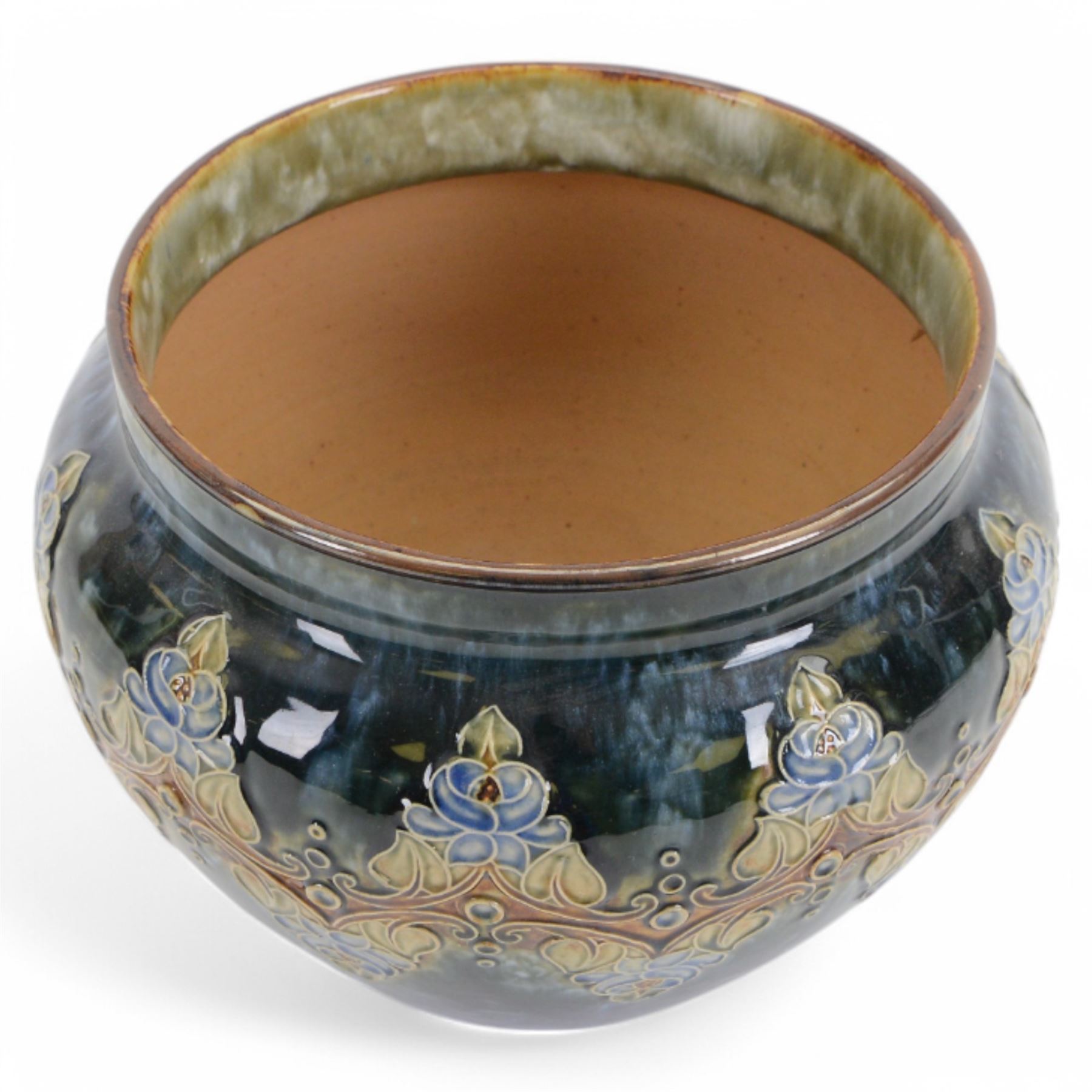  Royal Doulton jardiniere, decorated with repeating foliate boarder on a mottled blue green ground, H19cm