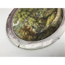 19th century hand painted wall plaque, with a landscape scene to the centre within a lustre boarder, L38cm, H28cm 