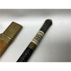 Early 20th century Indian ebonised sword stick, the 59.5cm blade with punched decoration and horn grip L94cm overall; and a reproduction Indian tulwar with scabbard (2)