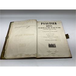 Six 19th century leather bound books of music comprising Graduale Juxta Missale Romanum and Antiphonarium Romanum. Both 1828 Divione; Graduel Romain and Psautier Romain. Both 1859 Digne/Paris; Graduel Romain. 1872 Marseille; and Missale Romanum. 1853 Mechliniae (6)