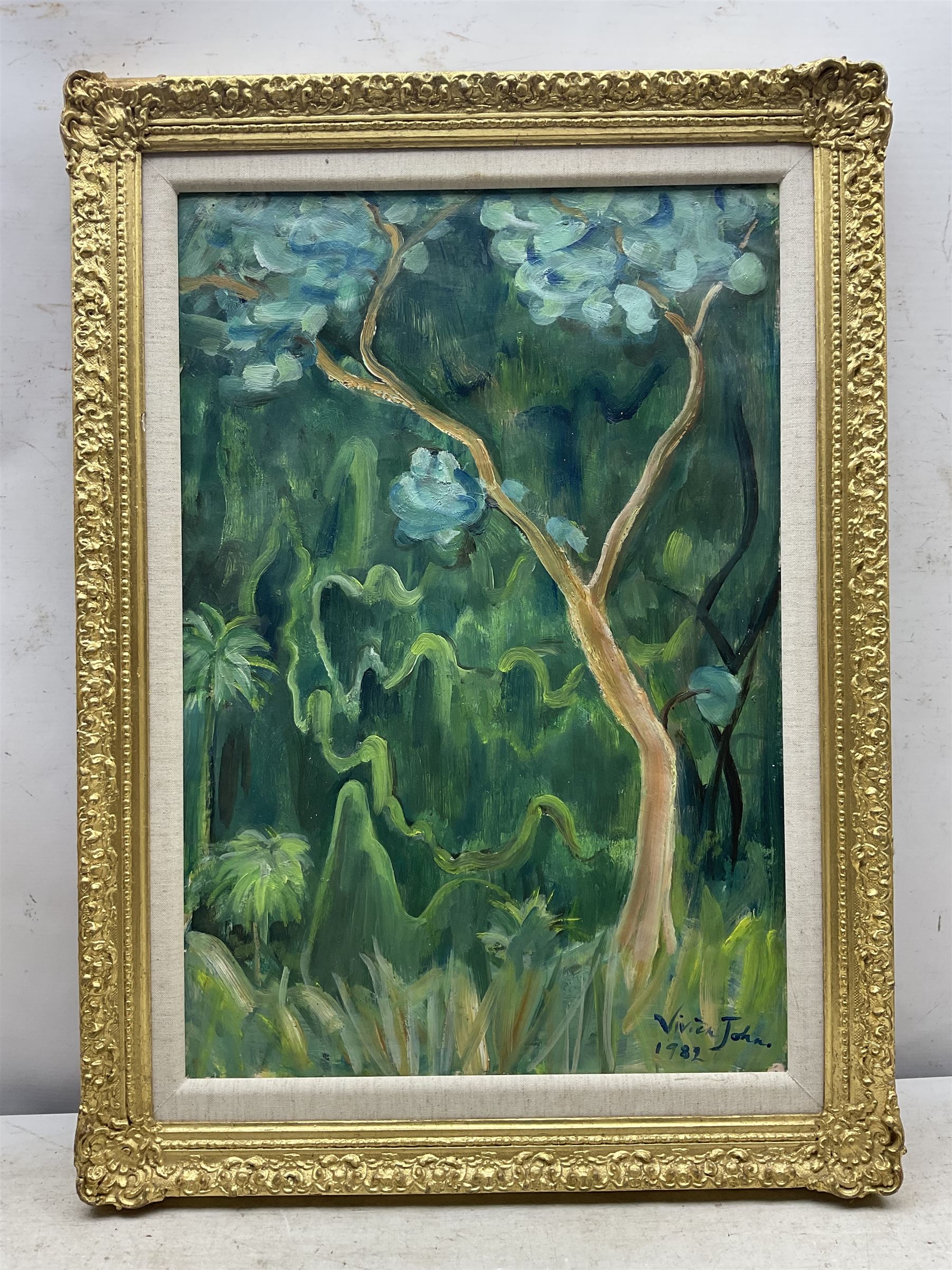 Vivien John (British 1915-1994): 'Forest Scene', oil on board signed and dated 1982, titled on label verso 55cm x 37cm 