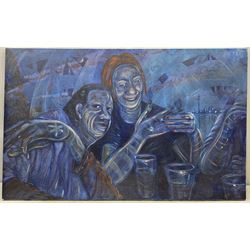 Martin Jones (British Contemporary): Blue Ladies, oil on canvas unsigned 86cm x 139cm