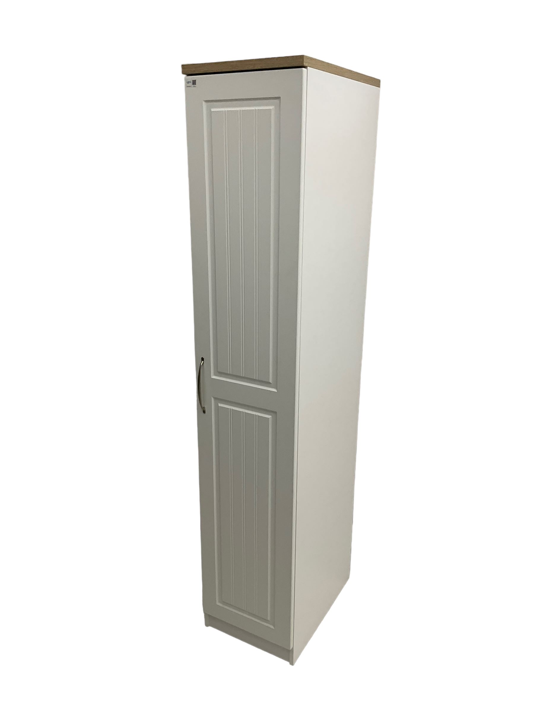 Oak and white finish tall narrow single wardrobe, fitted with shelves