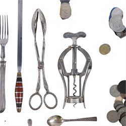 Collection of medals and coins, including Territorial Efficiency Medal, 1889 Amercian Morgan Silver Dollar, 1940 silver shilling, George IV coronation medal, Victorian and Edwardian pennies, commemorative coins etc and a quantity of silver plated cutlery