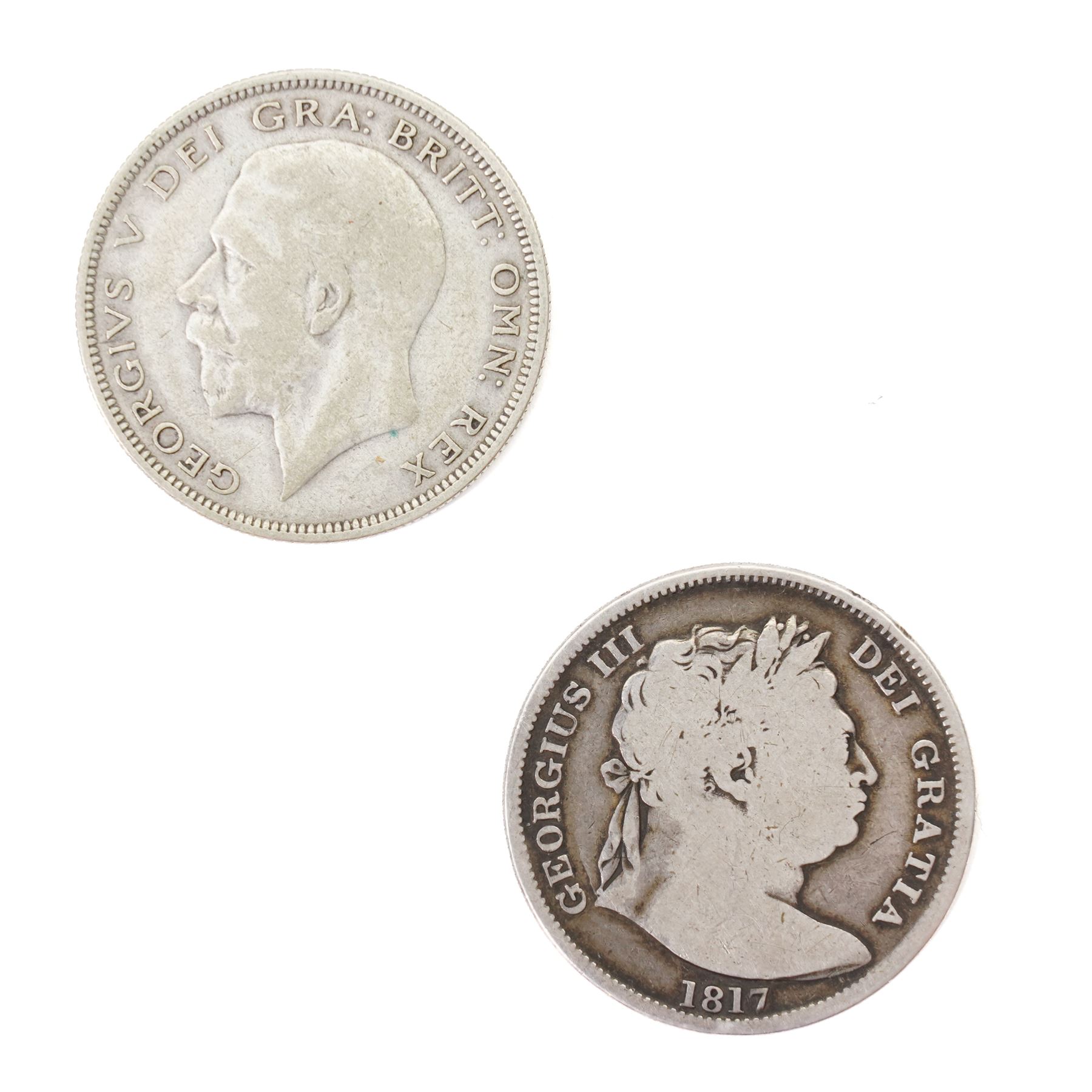 Two Queen Victoria silver one crown coins, 1889 and 1890, George III 1817 silver half crown, King George V 1935 silver half crown, and seven further coins