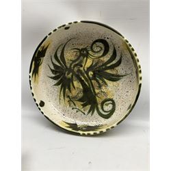 20th century Celtic Pottery, Newlyn, table lamp of tapering form, cylindrical vase and shallow bowl, all decorated with a dark stylised phoenix, modelled with wings outstretched upon sponged ochre, blue and cream ground, bowl D26cm
