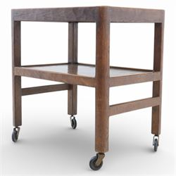 Yorkshire oak dark stained tea trolley, adzed two tier table, raised on castors